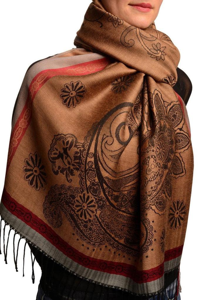 Liss Kiss Red Frame & Paisleys On Sienna Brown Pashmina Feel With Tassels - Scarf