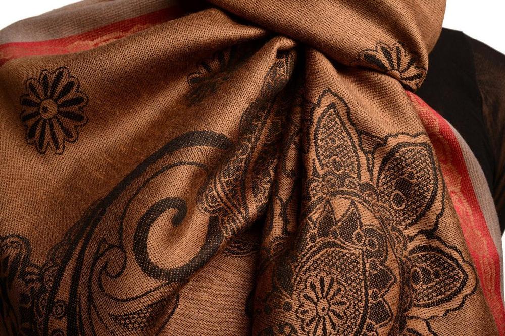 Liss Kiss Red Frame & Paisleys On Sienna Brown Pashmina Feel With Tassels - Scarf