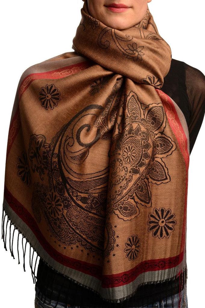 liss kiss Red Frame & Paisleys On Sienna Brown Pashmina Feel With Tassels - Scarf