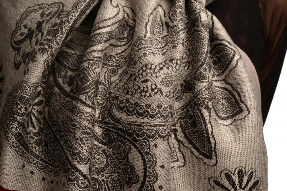 Liss Kiss Red Frame & Paisleys On Silver Grey Pashmina Feel With Tassels - Scarf