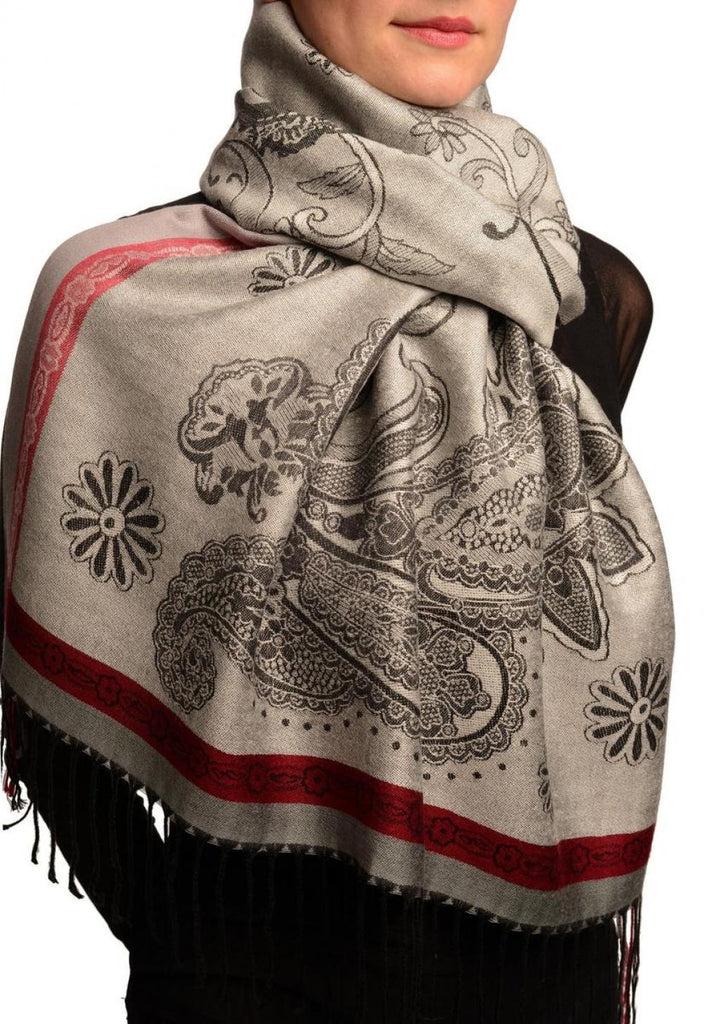 Liss Kiss Red Frame & Paisleys On Silver Grey Pashmina Feel With Tassels - Scarf