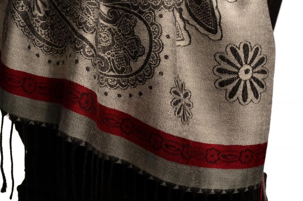 Liss Kiss Red Frame & Paisleys On Silver Grey Pashmina Feel With Tassels - Scarf