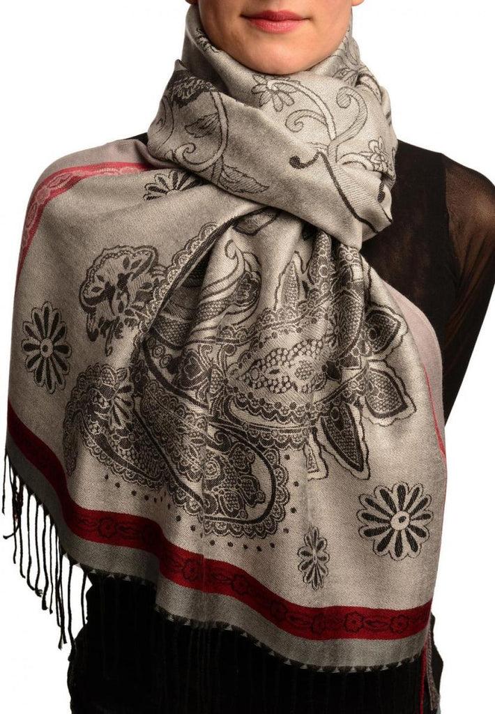 liss kiss Red Frame & Paisleys On Silver Grey Pashmina Feel With Tassels - Scarf