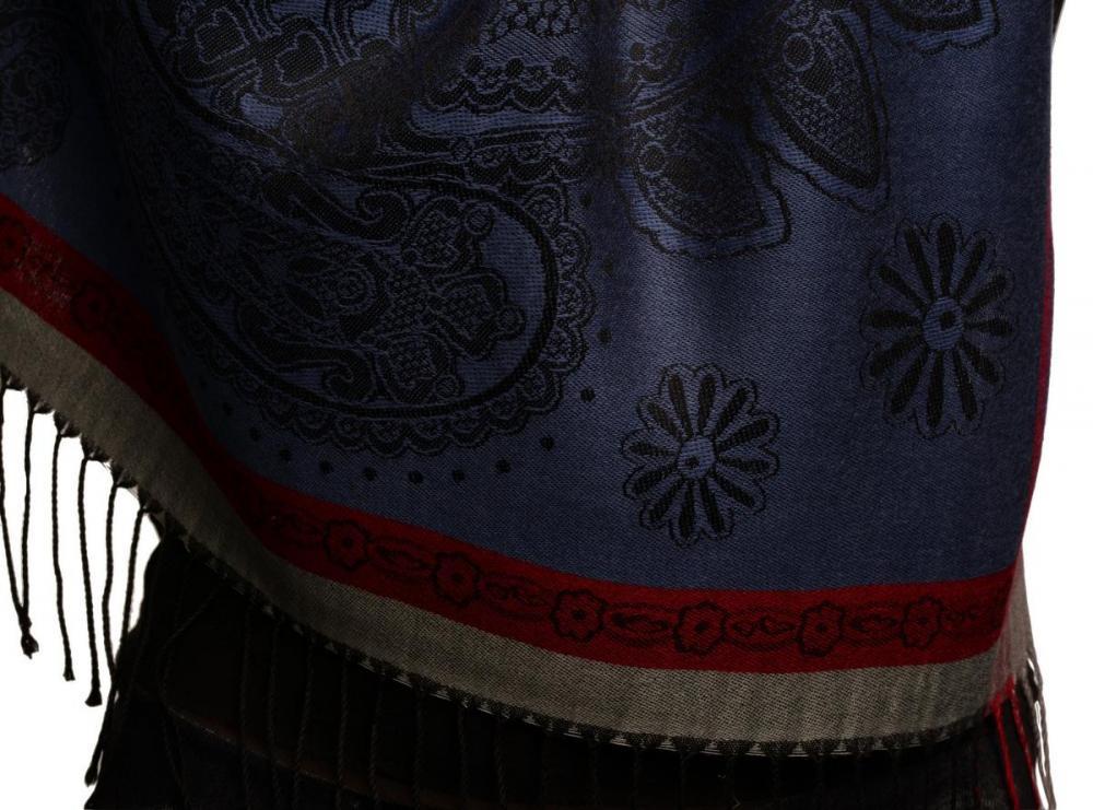 Liss Kiss Red Frame & Paisleys On Violet Blue Pashmina Feel With Tassels - Scarf