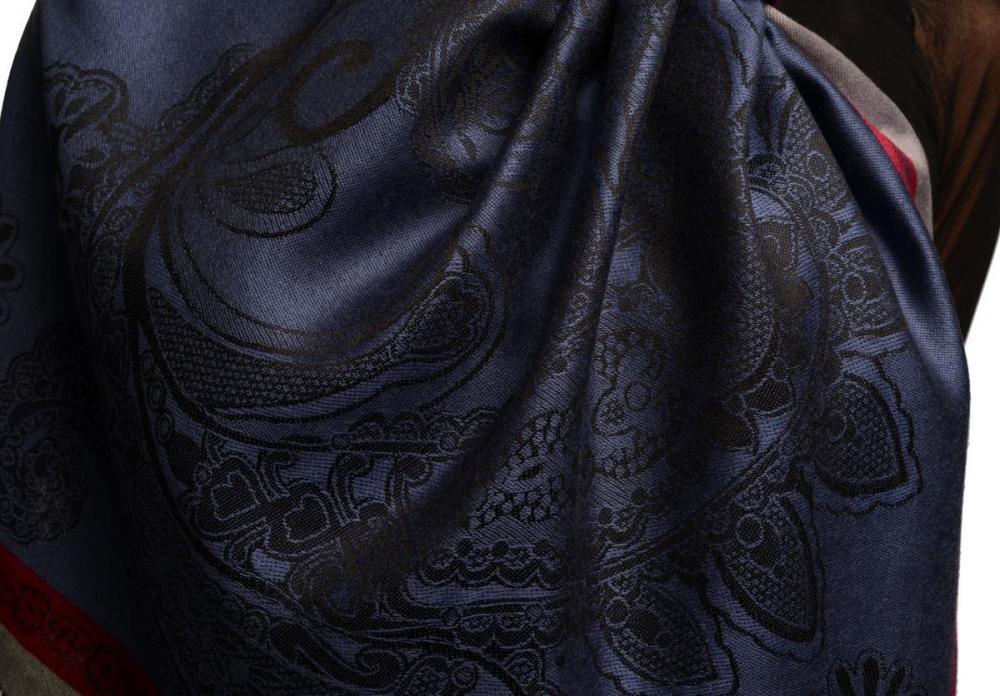 Liss Kiss Red Frame & Paisleys On Violet Blue Pashmina Feel With Tassels - Scarf