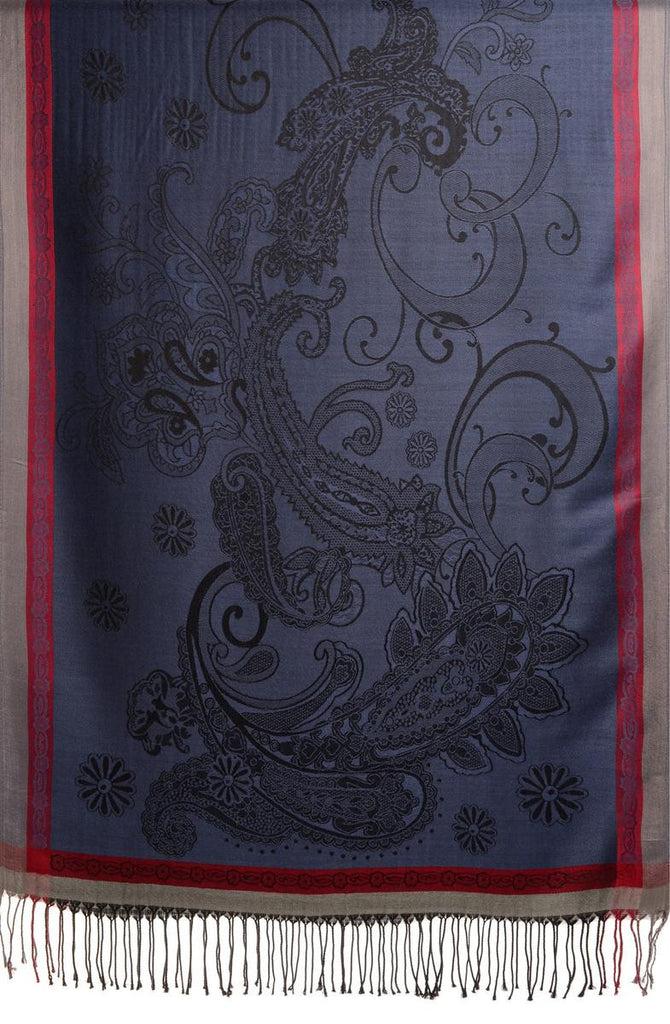 Liss Kiss Red Frame & Paisleys On Violet Blue Pashmina Feel With Tassels - Scarf