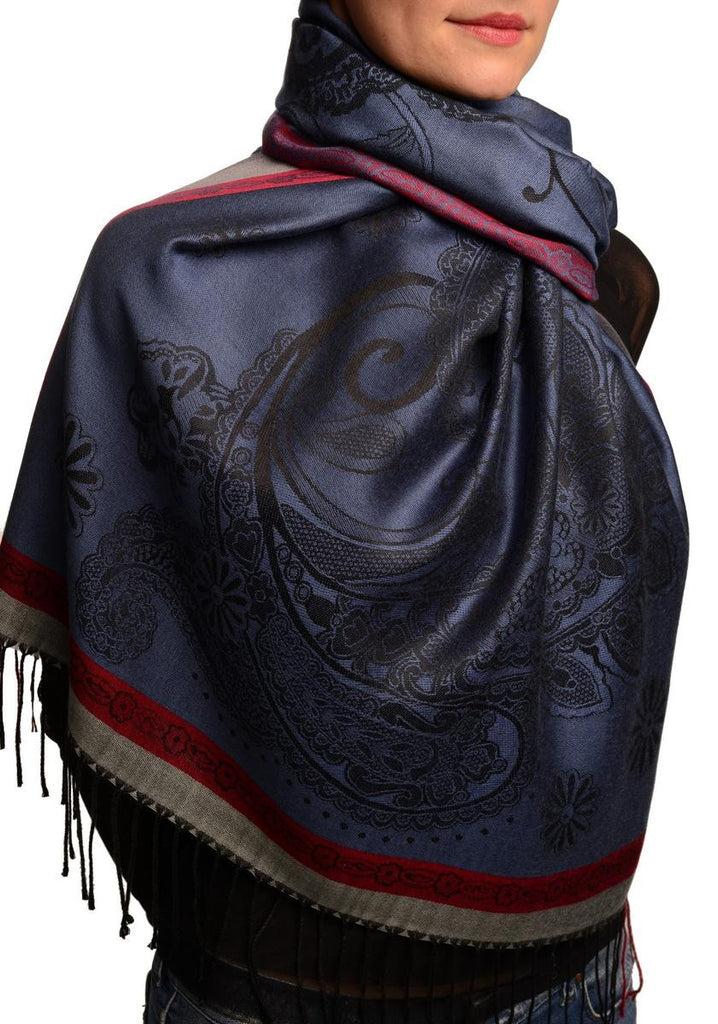Liss Kiss Red Frame & Paisleys On Violet Blue Pashmina Feel With Tassels - Scarf