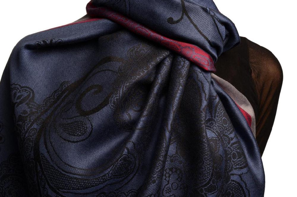 Liss Kiss Red Frame & Paisleys On Violet Blue Pashmina Feel With Tassels - Scarf