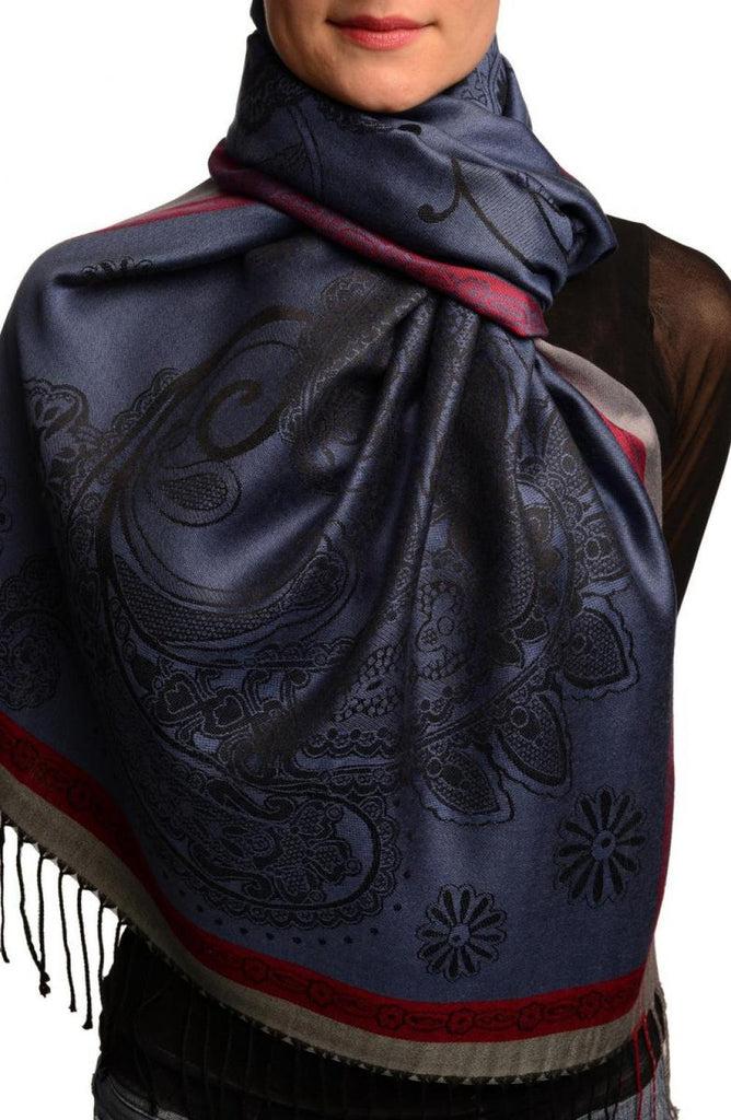 liss kiss Red Frame & Paisleys On Violet Blue Pashmina Feel With Tassels - Scarf