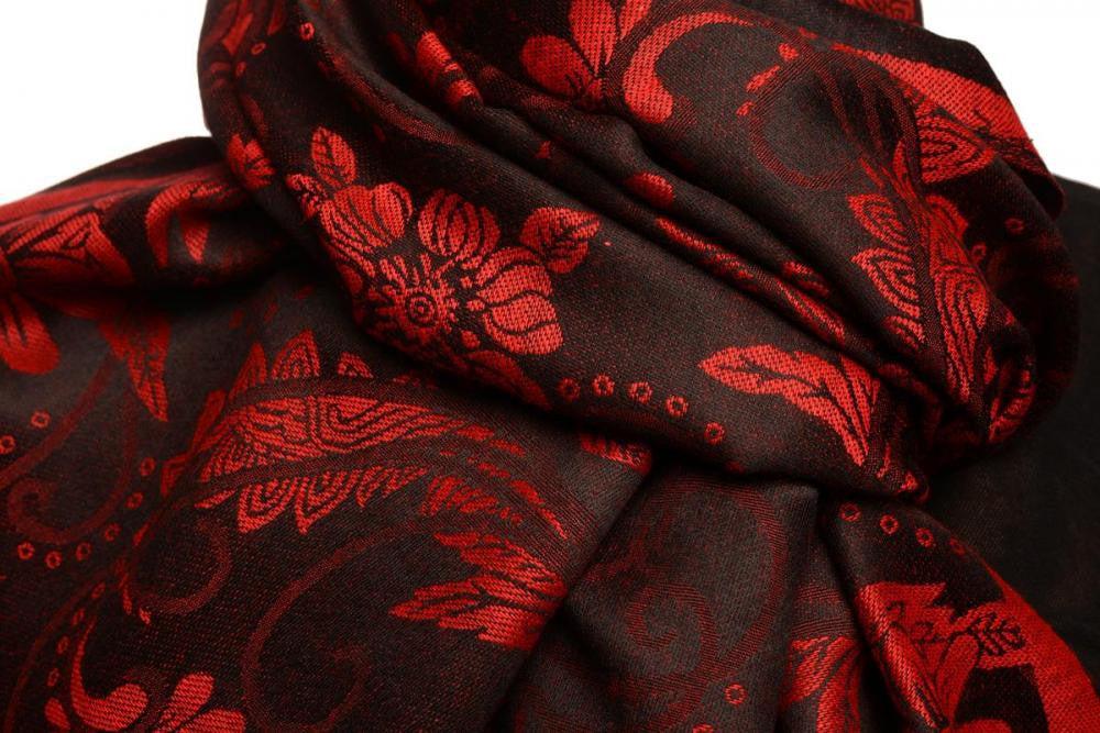 Liss Kiss Red Garden Flowers On Black Pashmina With Tassels - Scarf