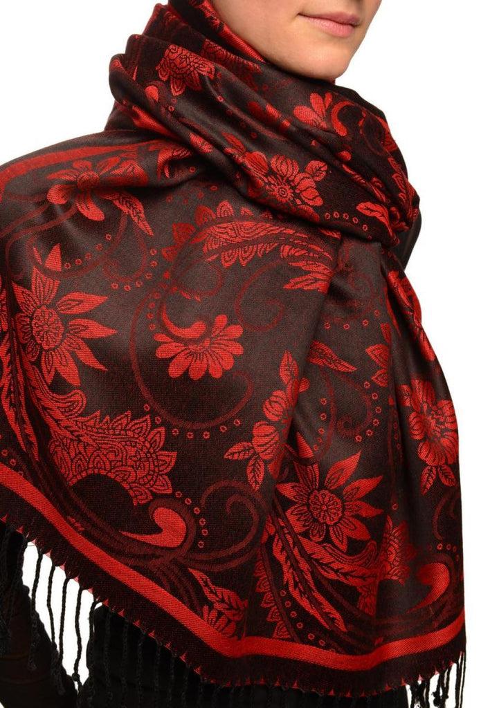 Liss Kiss Red Garden Flowers On Black Pashmina With Tassels - Scarf