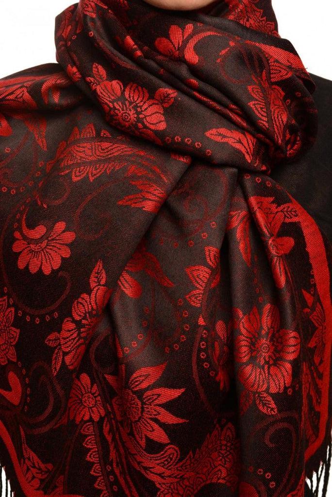 Liss Kiss Red Garden Flowers On Black Pashmina With Tassels - Scarf