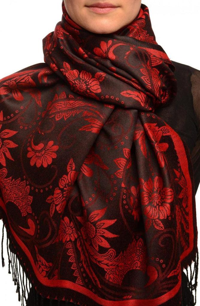 liss kiss Red Garden Flowers On Black Pashmina With Tassels - Scarf
