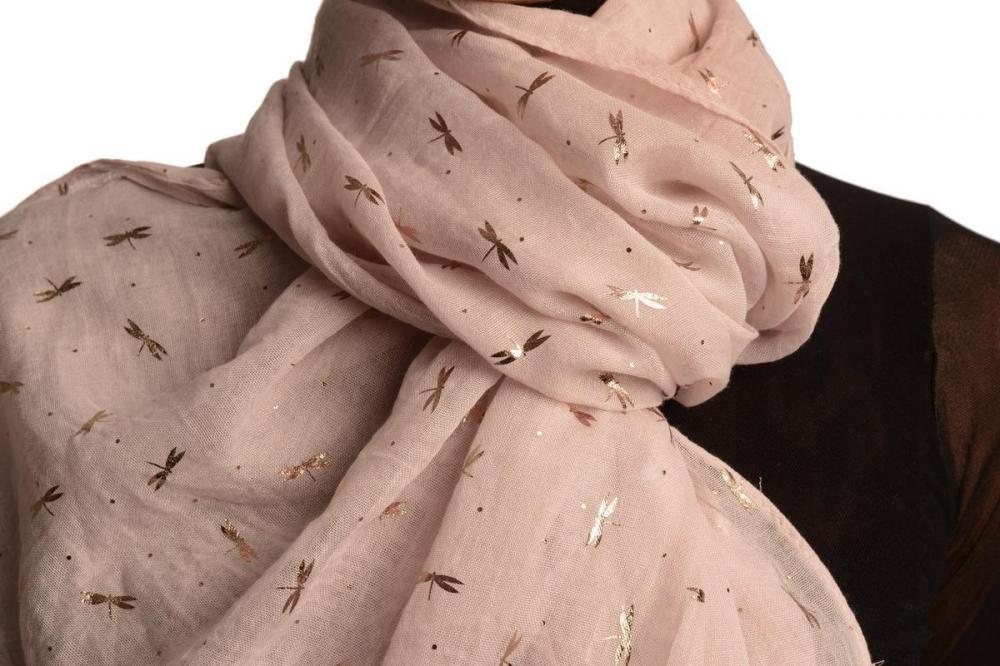 Liss Kiss Red Gold Printed Dragonfly On Cream Scarf - Scarf