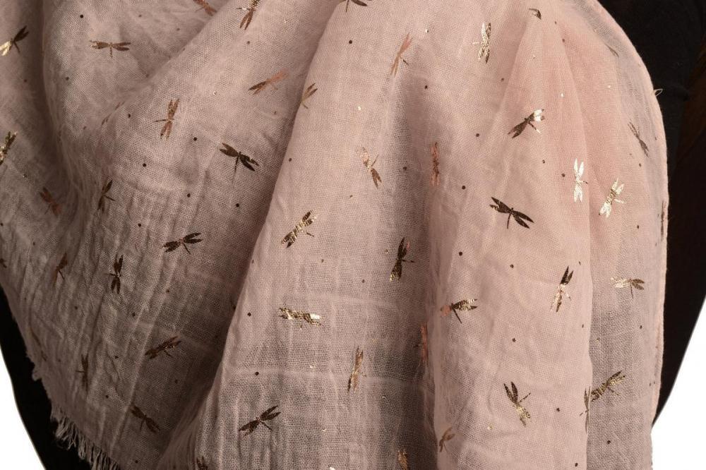 Liss Kiss Red Gold Printed Dragonfly On Cream Scarf - Scarf