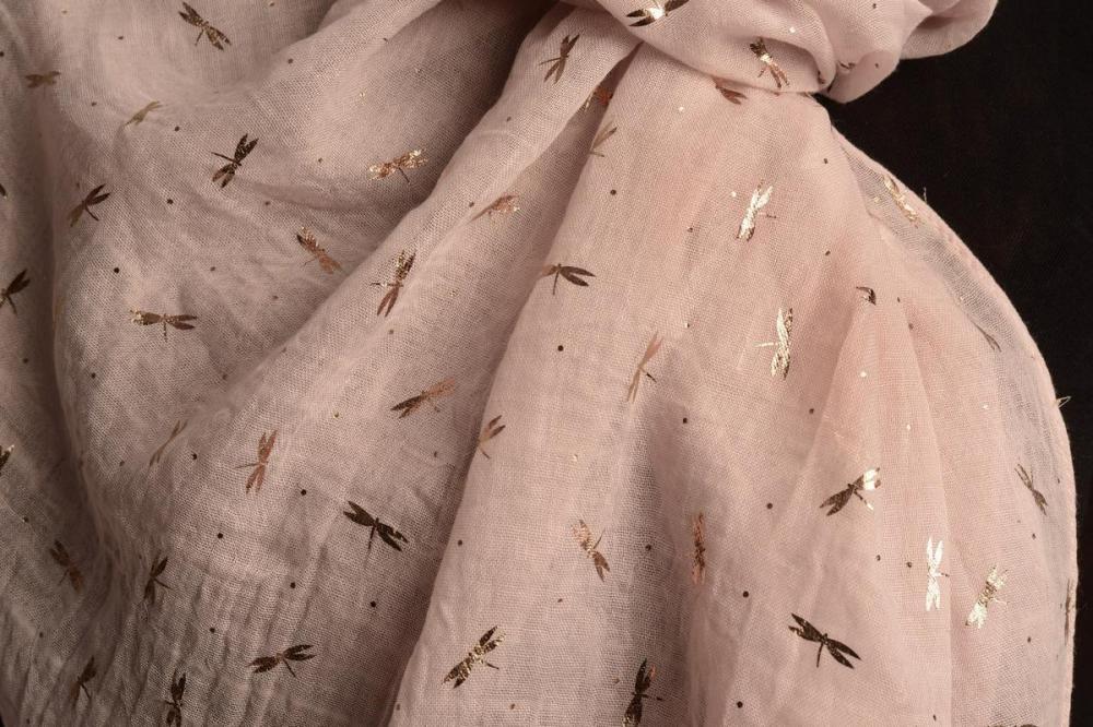 Liss Kiss Red Gold Printed Dragonfly On Cream Scarf - Scarf