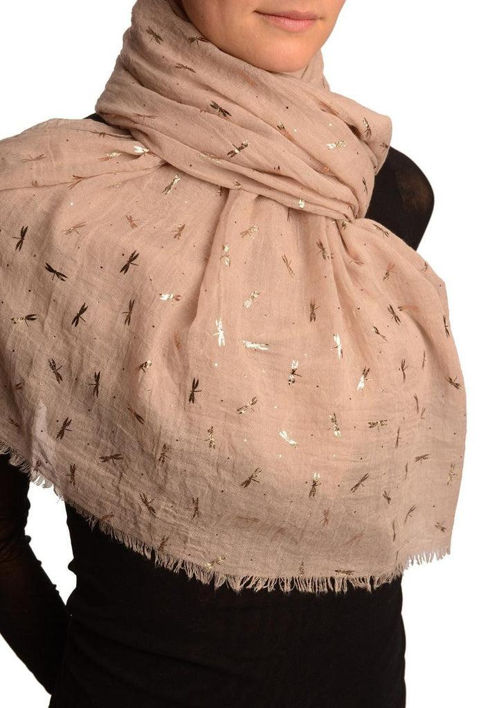 Liss Kiss Red Gold Printed Dragonfly On Mocha Scarf - Scarf