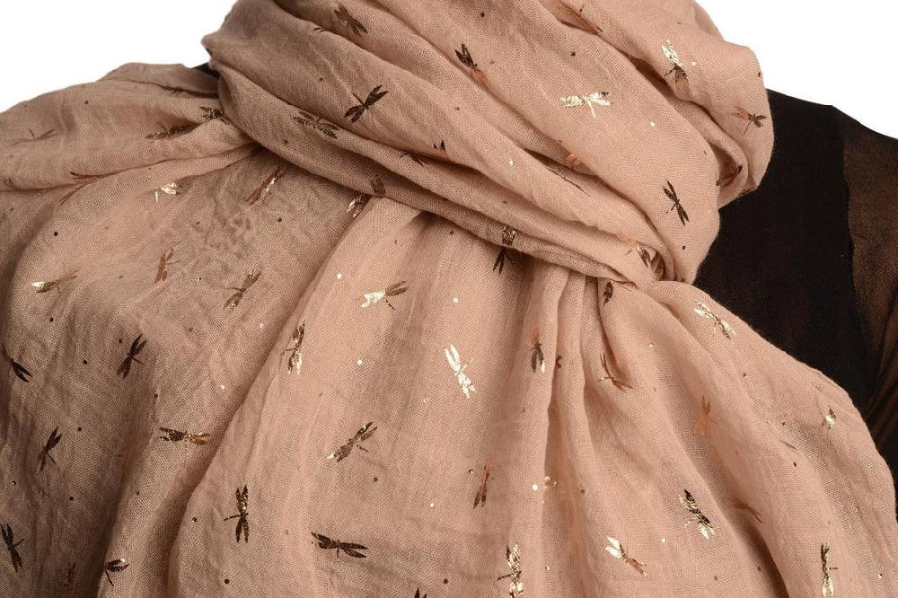 Liss Kiss Red Gold Printed Dragonfly On Mocha Scarf - Scarf
