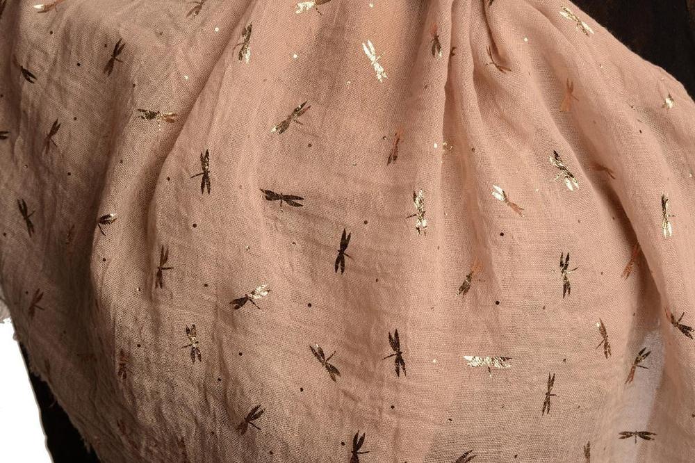 Liss Kiss Red Gold Printed Dragonfly On Mocha Scarf - Scarf