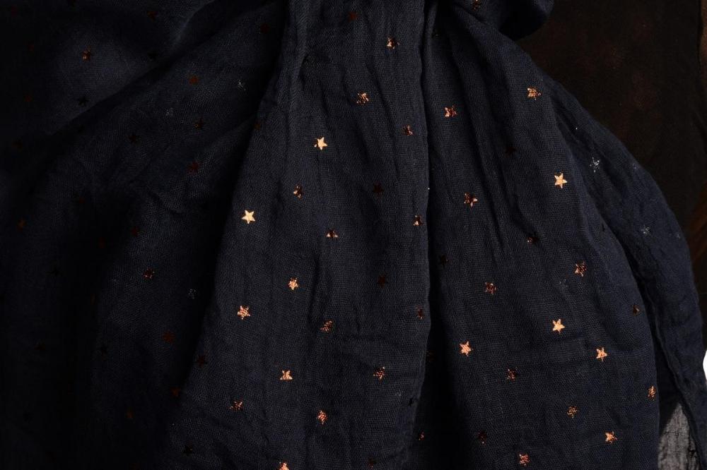 Liss Kiss Red Gold Printed Stars On Denim Blue Scarf - Scarf
