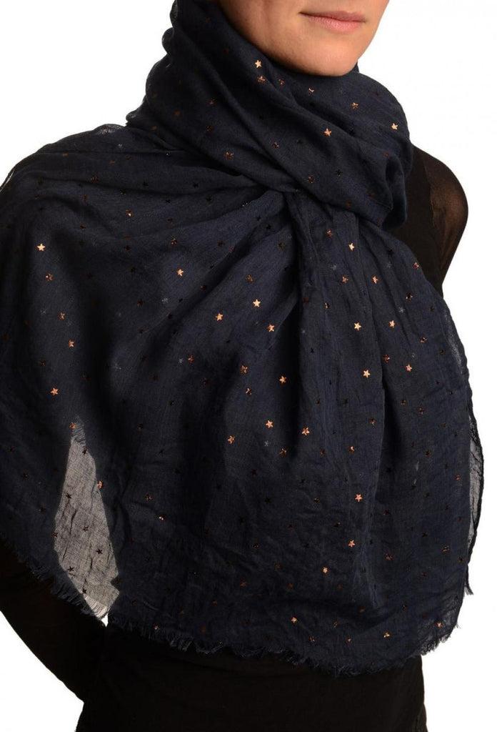 Liss Kiss Red Gold Printed Stars On Denim Blue Scarf - Scarf