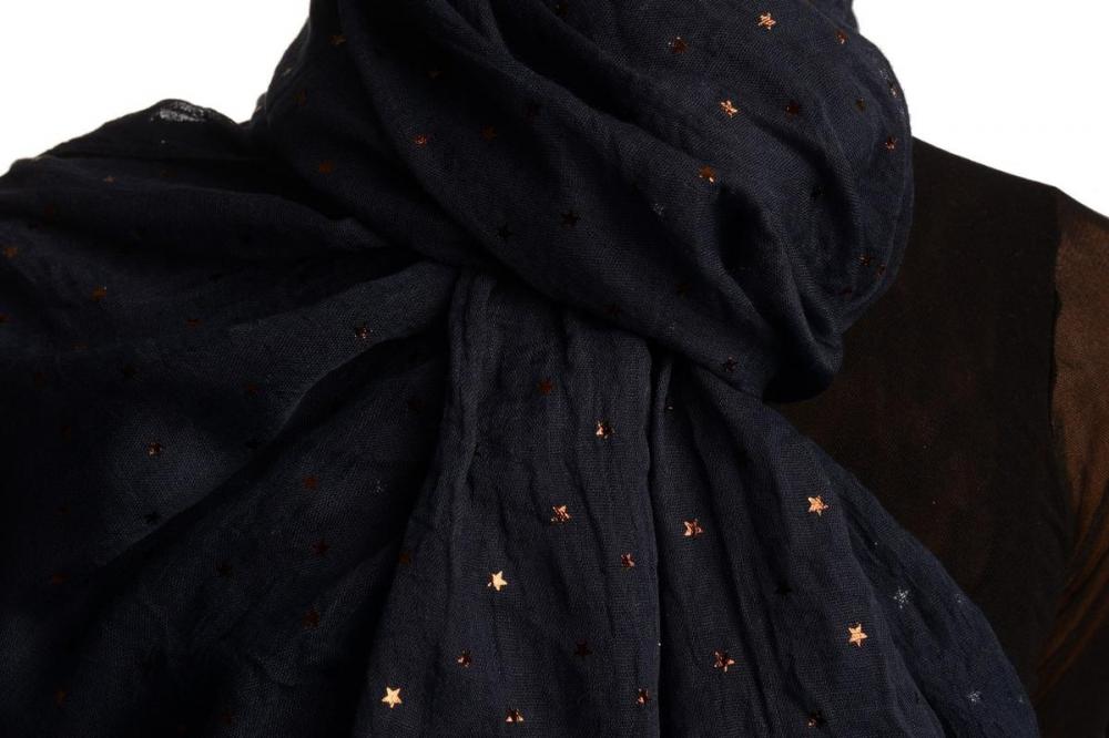 Liss Kiss Red Gold Printed Stars On Denim Blue Scarf - Scarf