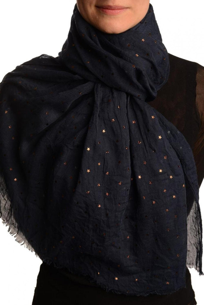 liss kiss Red Gold Printed Stars On Denim Blue Scarf - Scarf