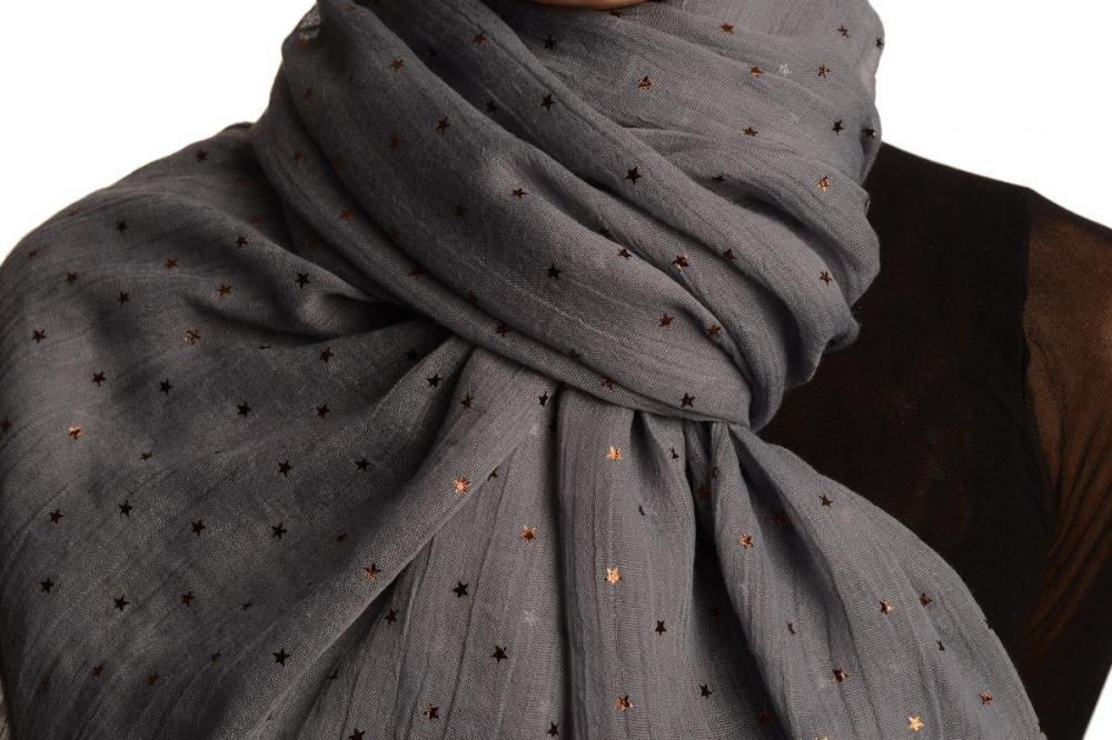 Liss Kiss Red Gold Printed Stars On Grey Scarf - Scarf