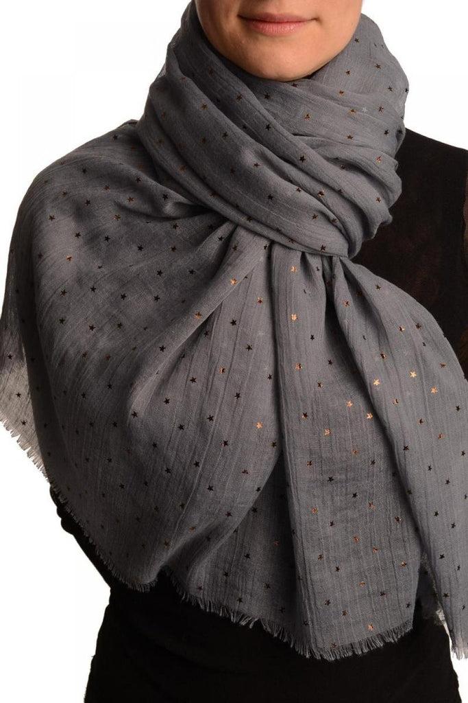liss kiss Red Gold Printed Stars On Grey Scarf - Scarf