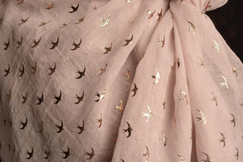 Liss Kiss Red Gold Printed Swallows On Beige Scarf - Scarf