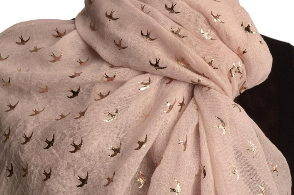 Liss Kiss Red Gold Printed Swallows On Beige Scarf - Scarf