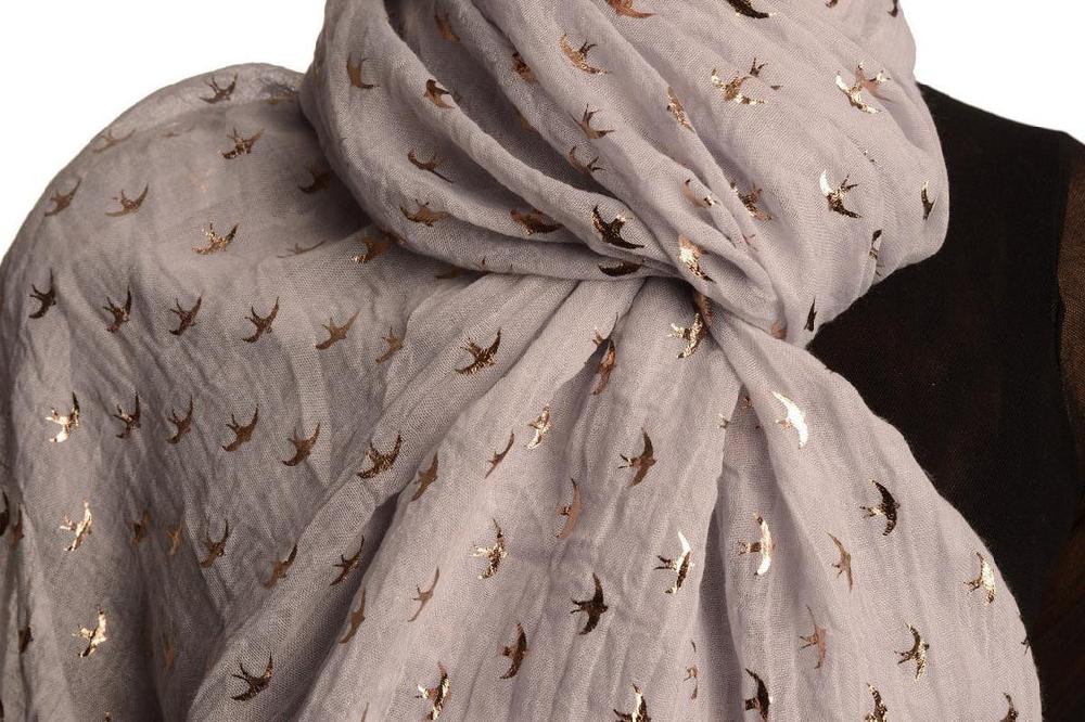 Liss Kiss Red Gold Printed Swallows On Grey Scarf - Scarf