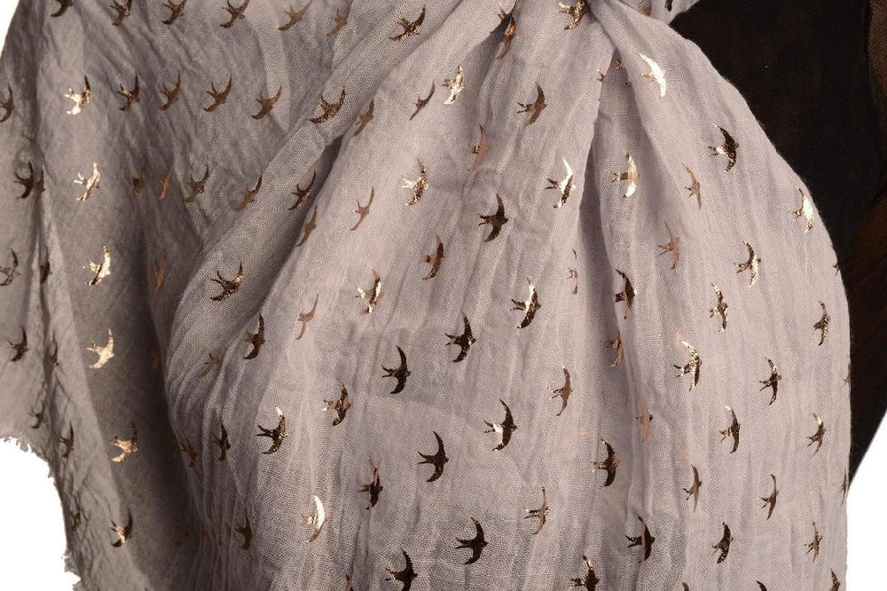Liss Kiss Red Gold Printed Swallows On Grey Scarf - Scarf
