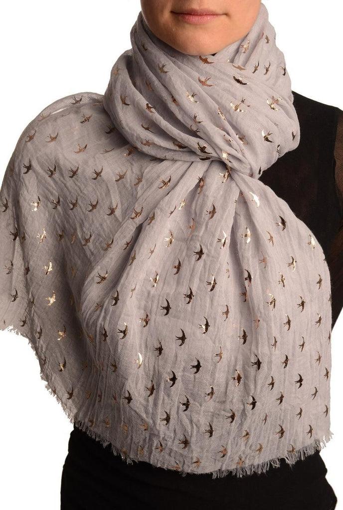 liss kiss Red Gold Printed Swallows On Grey Scarf - Scarf