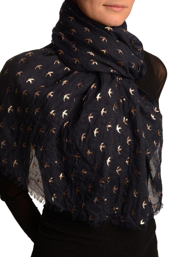 Liss Kiss Red Gold Printed Swallows On Oxford Blue Scarf - Scarf