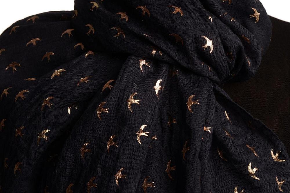 Liss Kiss Red Gold Printed Swallows On Oxford Blue Scarf - Scarf
