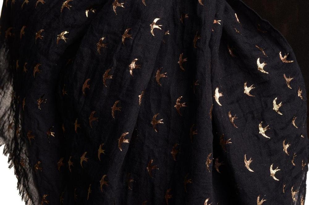 Liss Kiss Red Gold Printed Swallows On Oxford Blue Scarf - Scarf