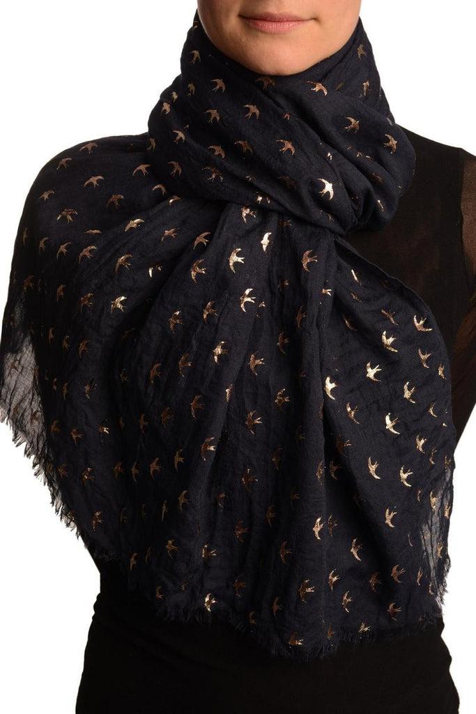 liss kiss Red Gold Printed Swallows On Oxford Blue Scarf - Scarf