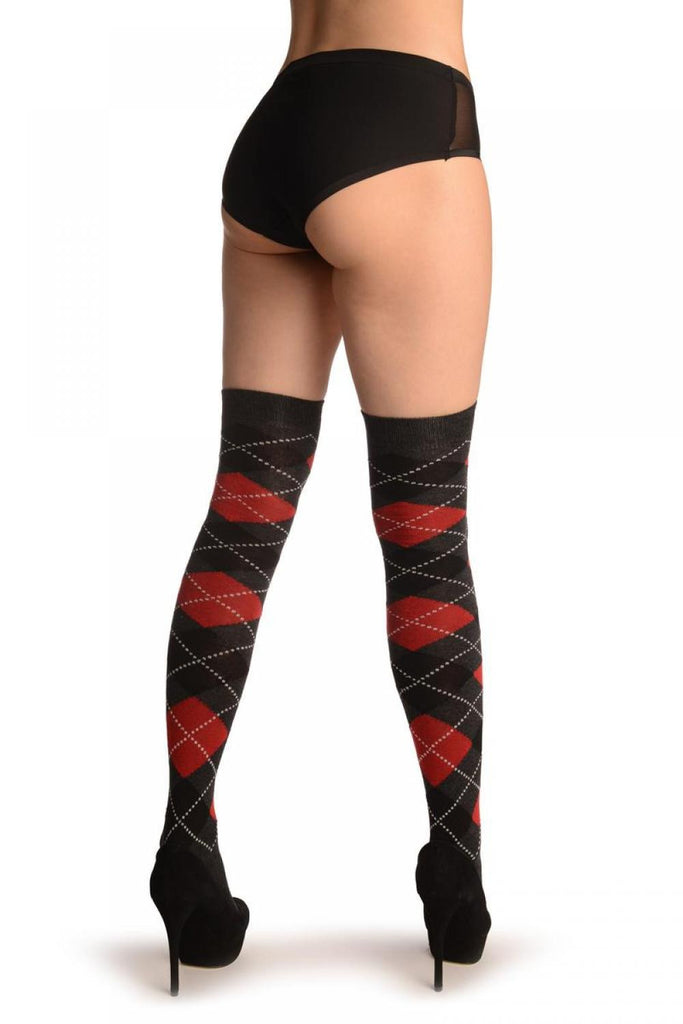 Liss Kiss Red Grey & Black Argyle - Over The Knee Socks