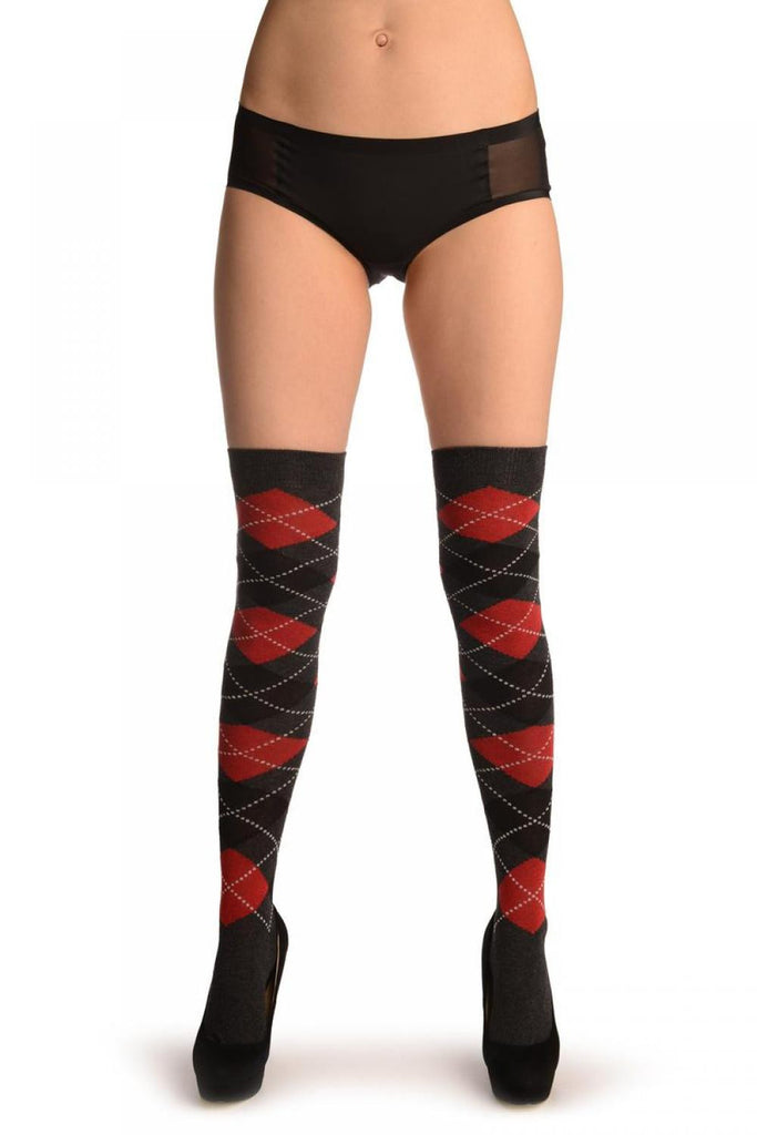 Liss Kiss Red Grey & Black Argyle - Over The Knee Socks