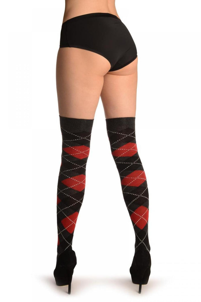 Liss Kiss Red Grey & Black Argyle - Over The Knee Socks