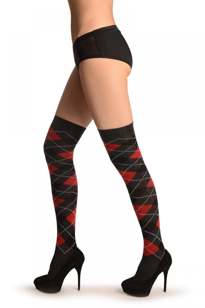 Liss Kiss Red Grey & Black Argyle - Over The Knee Socks
