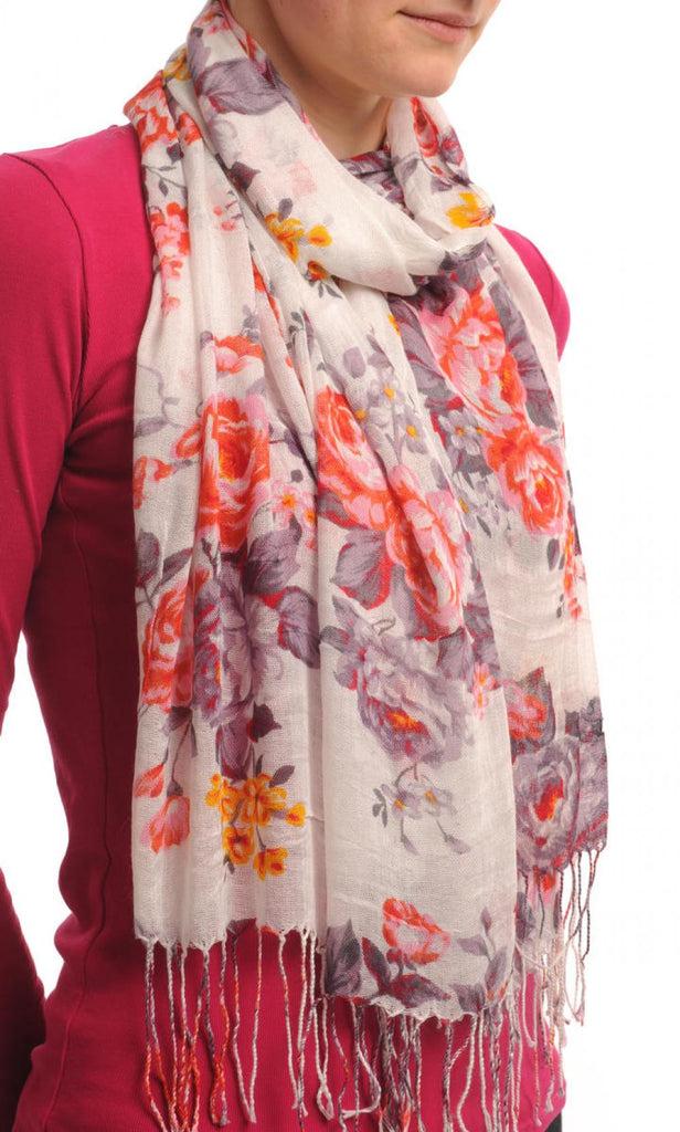 Liss Kiss Red & Grey Roses On White With Tassels - Scarf