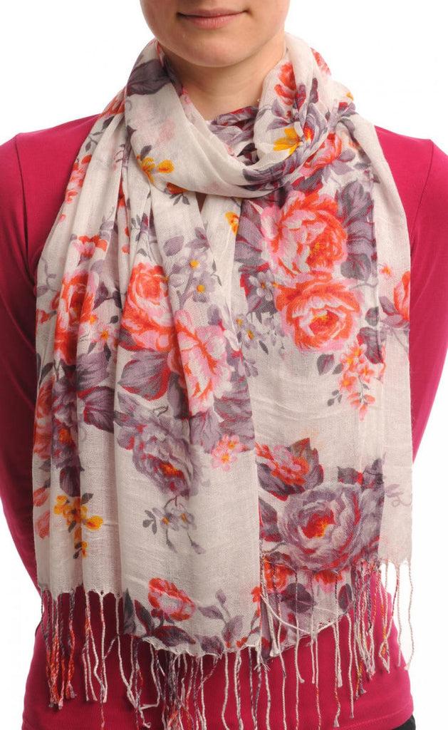 liss kiss Red & Grey Roses On White With Tassels - Scarf