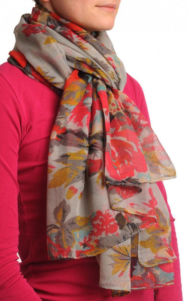 Liss Kiss Red & Grey Vintage Flowers On Grey Unisex Scarf & Beach Sarong - Scarf