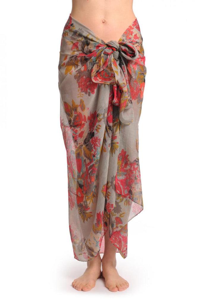 Liss Kiss Red & Grey Vintage Flowers On Grey Unisex Scarf & Beach Sarong - Scarf