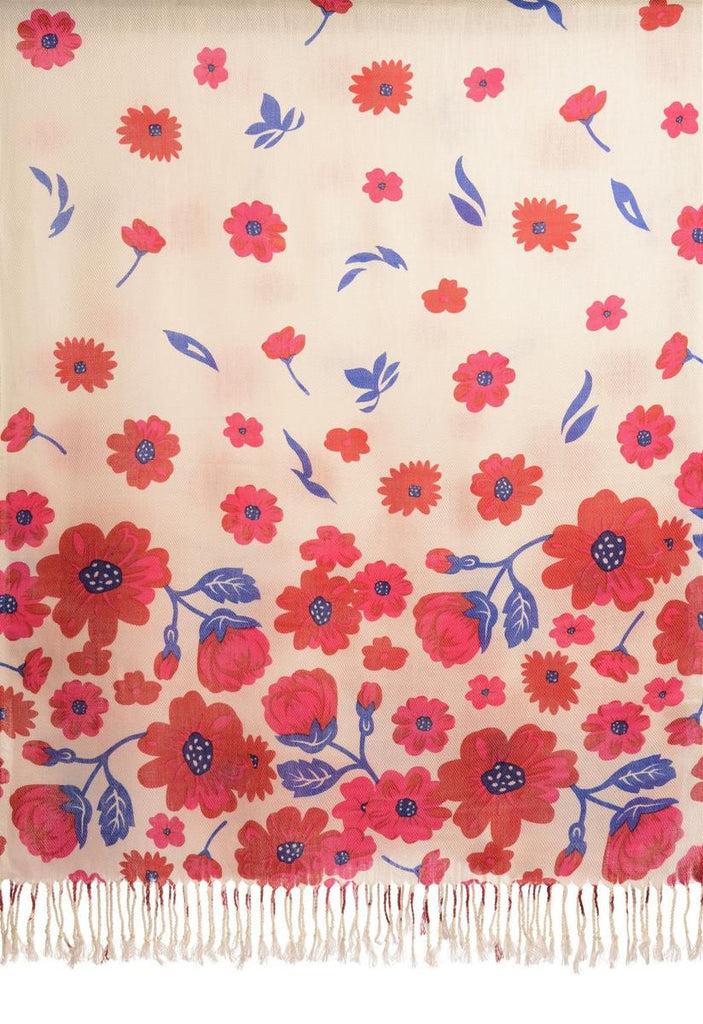 Liss Kiss Red Large Flowers On White Pashmina Feel With Tassels - Scarf