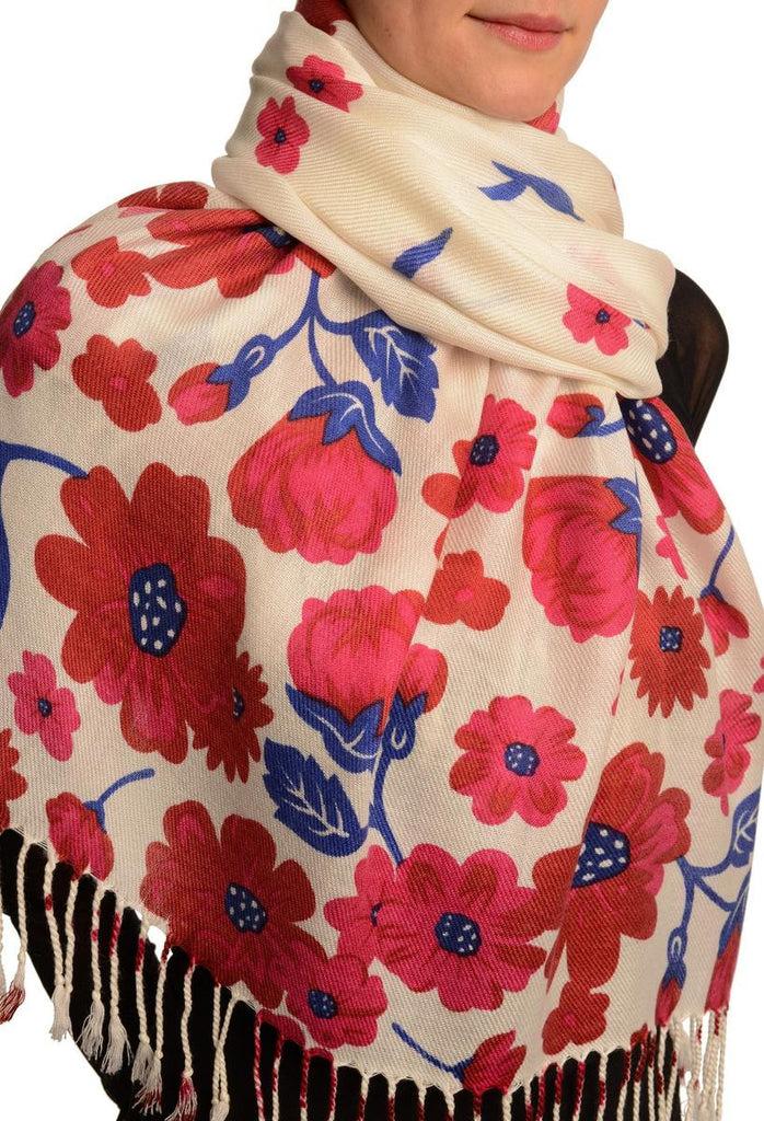 Liss Kiss Red Large Flowers On White Pashmina Feel With Tassels - Scarf