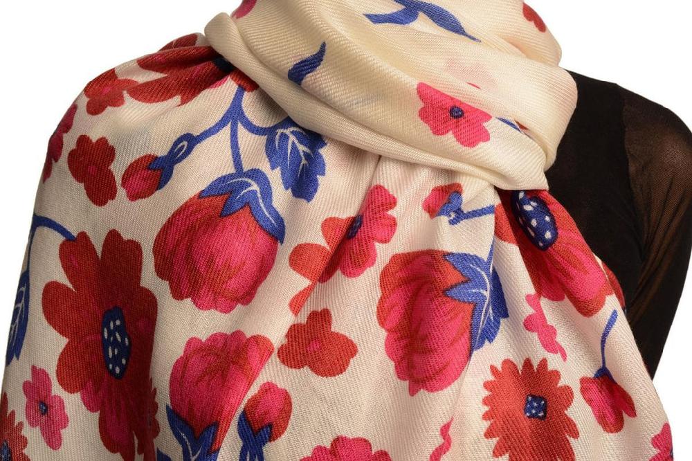 Liss Kiss Red Large Flowers On White Pashmina Feel With Tassels - Scarf