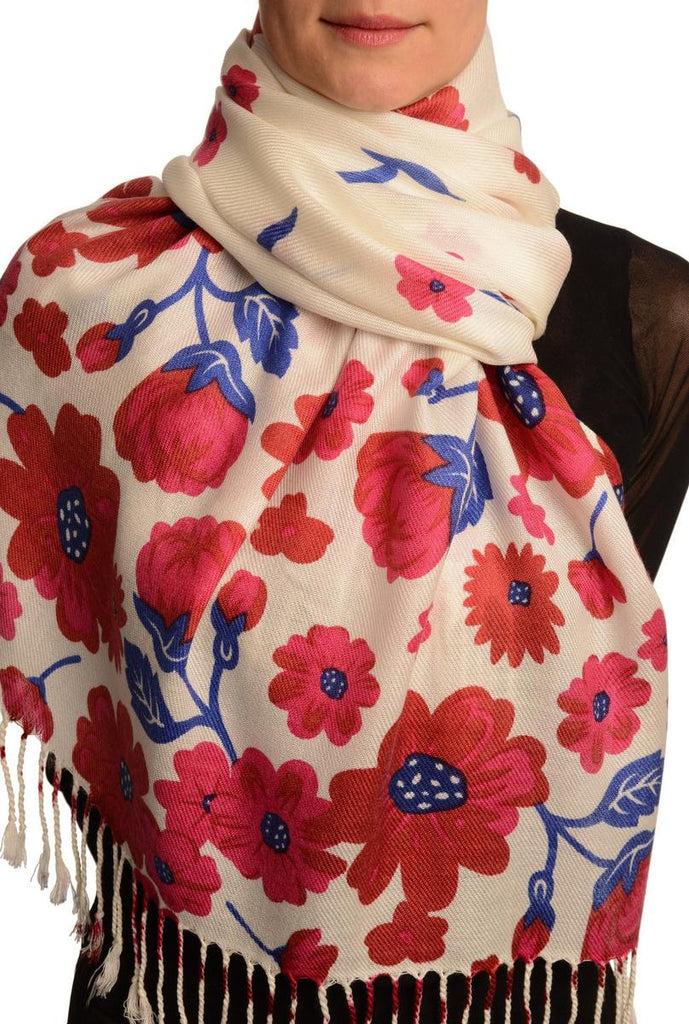 liss kiss Red Large Flowers On White Pashmina Feel With Tassels - Scarf